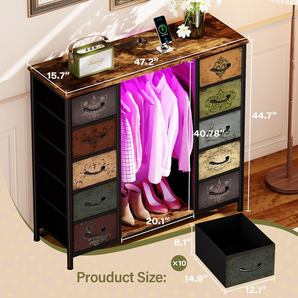 VASICAR Tall Dresser for Bedroom with Hanging Rack, 10 Drawers TV Stand