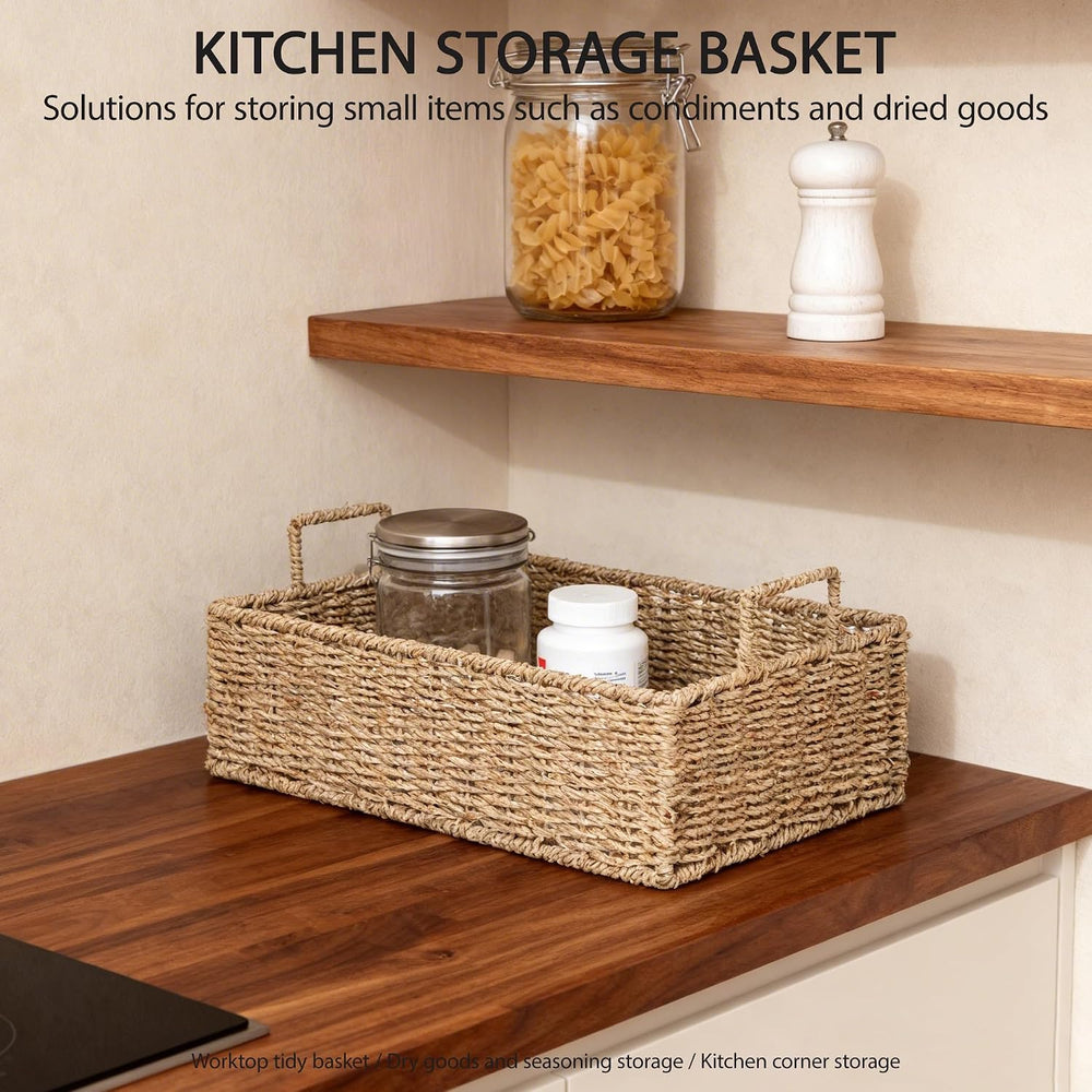 Woven Seagrass Wicker Storage Basket Set of 2 with Wooden Lids
