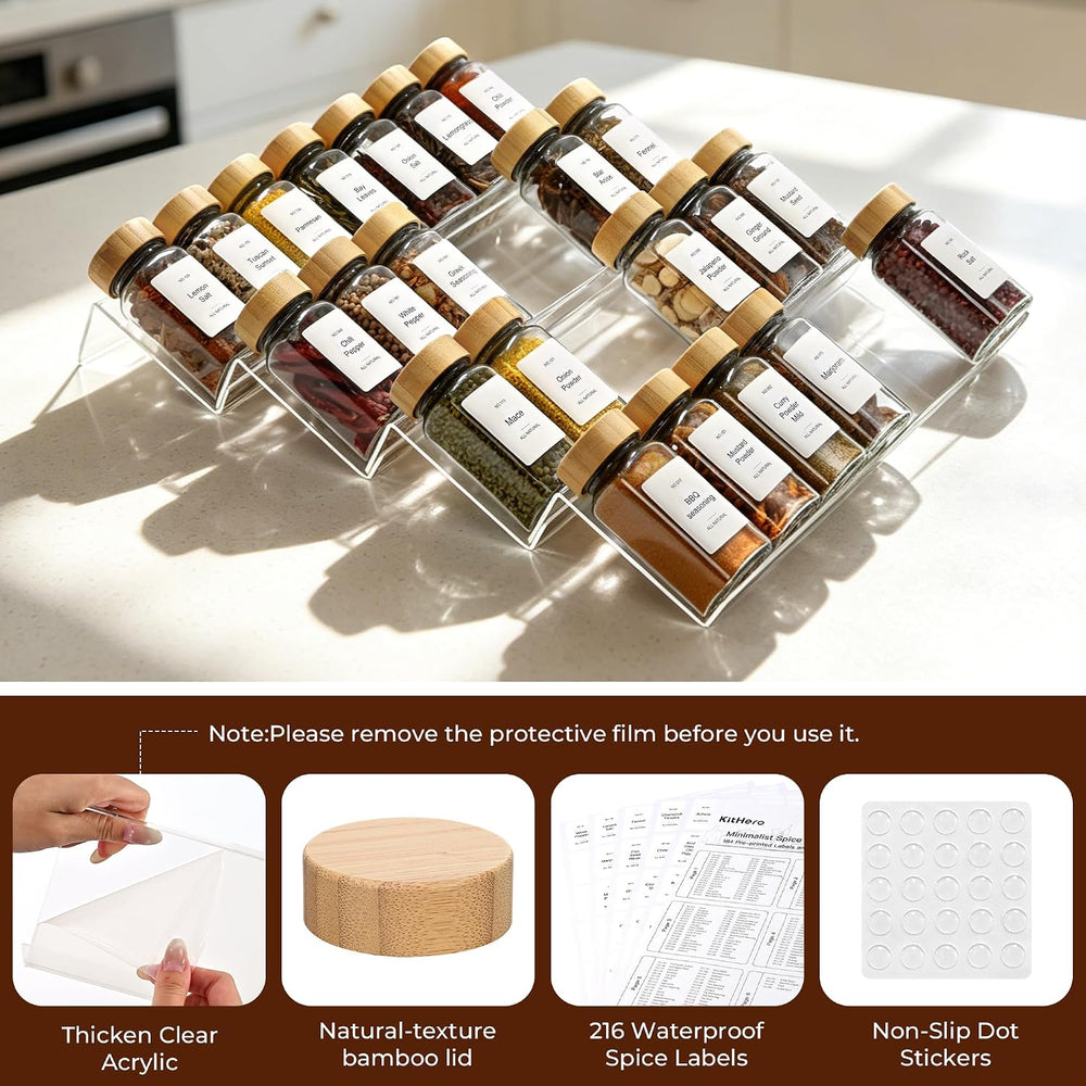 Acrylic Spice Drawer Organizer with 28 Spice Jars and 216 Labels,Non-slip Rub...