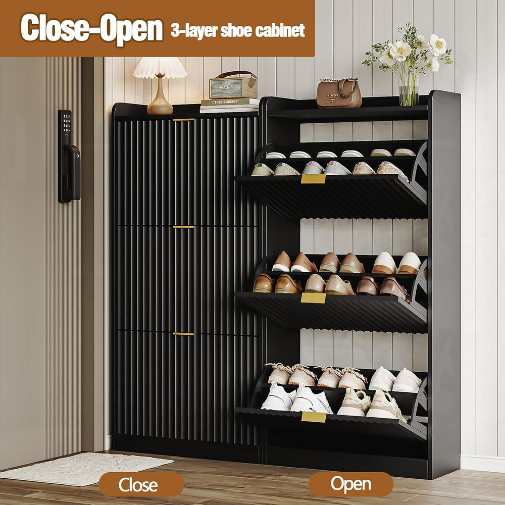 Black Fluted Slim Shoe Cabinet Storage with 3 Flip Drawers for Entryway