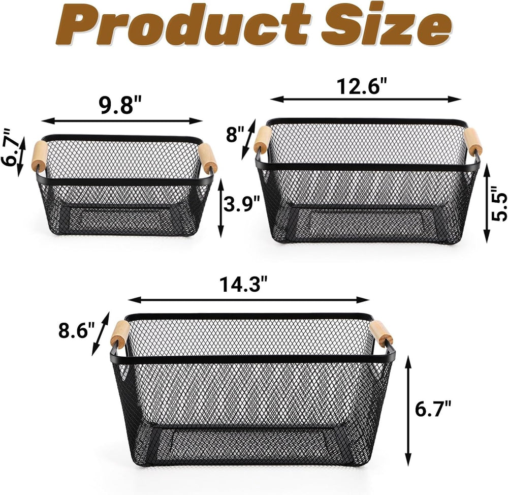 Noamus 3 Pack Metal Mesh Basket with Wooden Handle, Farmhouse Wire Steel Stor...