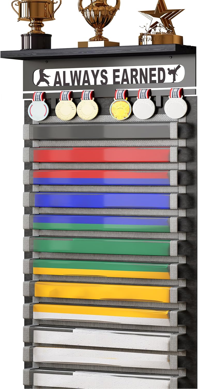 3 in 1 Karate and 12 Belts Taekwondo Belt Display Rack with Medal Hanger, Tro...