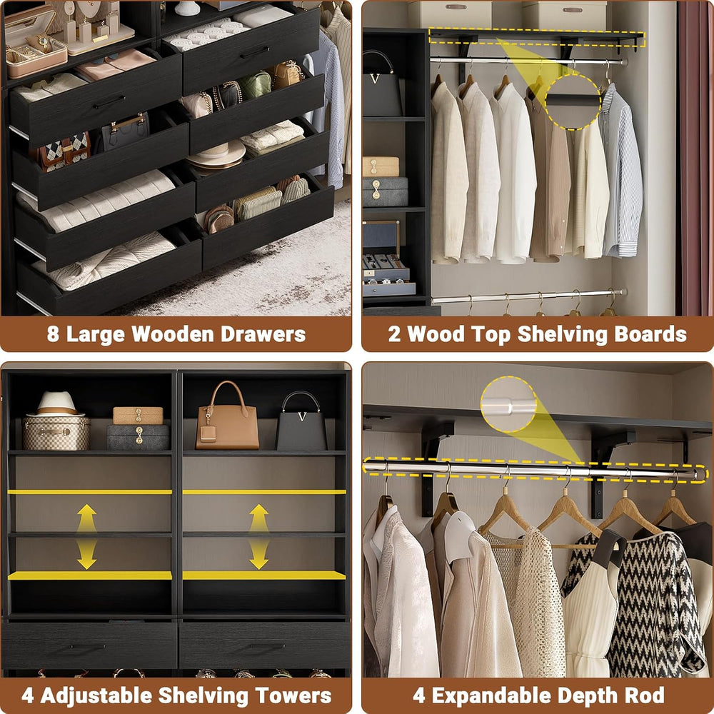 Aheaplus Closet System, Wood Closet Organizer System with 8 Drawers &4 Rods