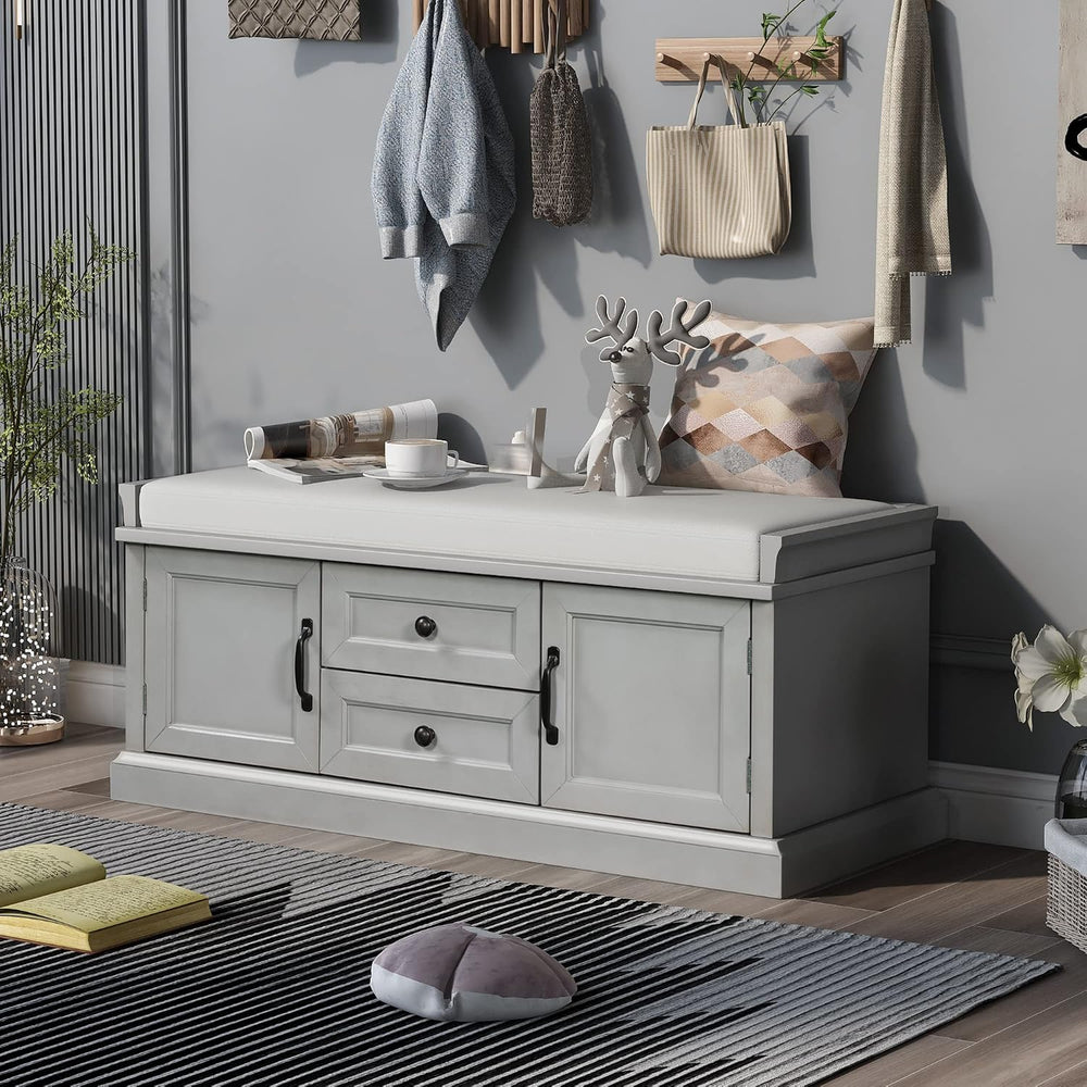 P PURLOVE Rustic Storage Bench Wood Entryway Storage Bench with 2 Cabinets an...