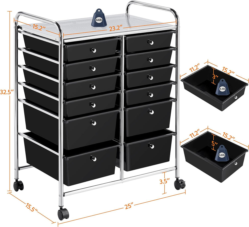 Yaheetech 12-Drawer Rolling Storage Cart on Wheels, Craft Organizer, Black