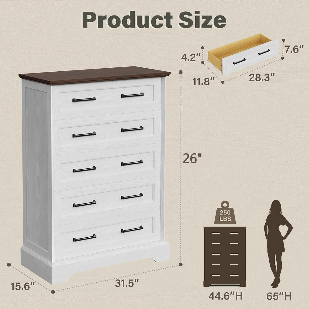 YESHOMY Tall Dresser for Bedroom, Farmhouse 5 Drawers Dresser, White&Brown