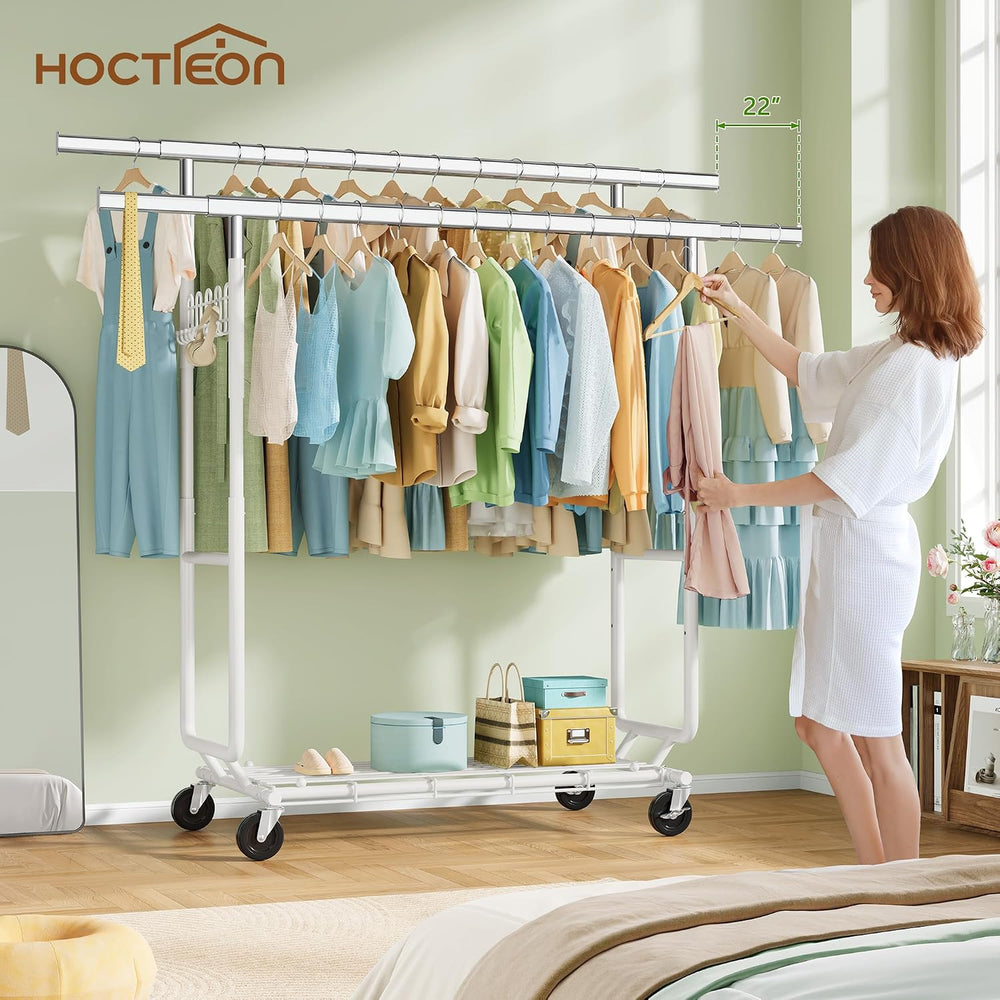 Hoctieon 2-Minute Assembly Double Rod Clothes Rack, Heavy Duty Rolling Clothi...