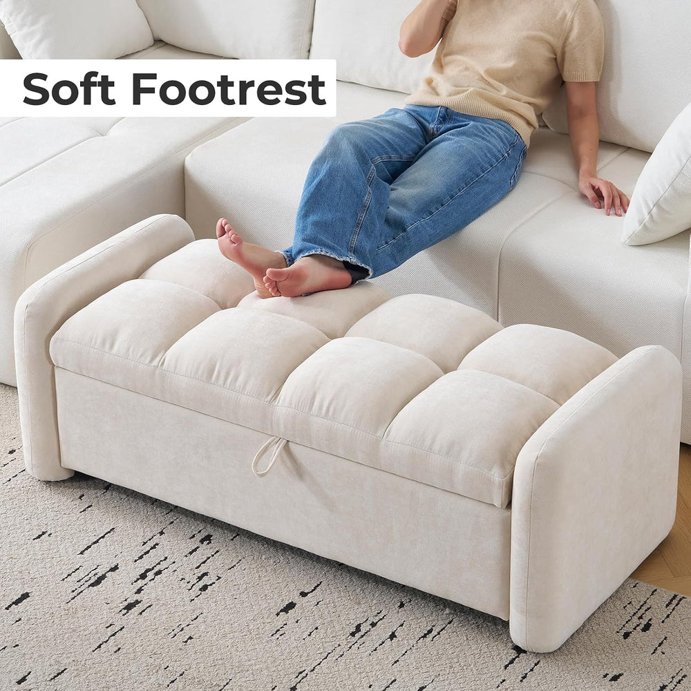 Oversized Ottoman Bench with Storage, Chenille Beige