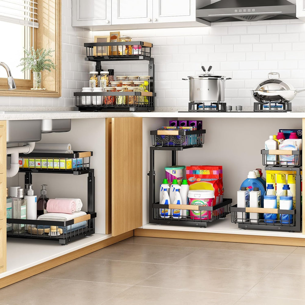 PXRACK Under Sink Organizer, Adjustable Height, 2 Tier Pull Out Under Cabinet...