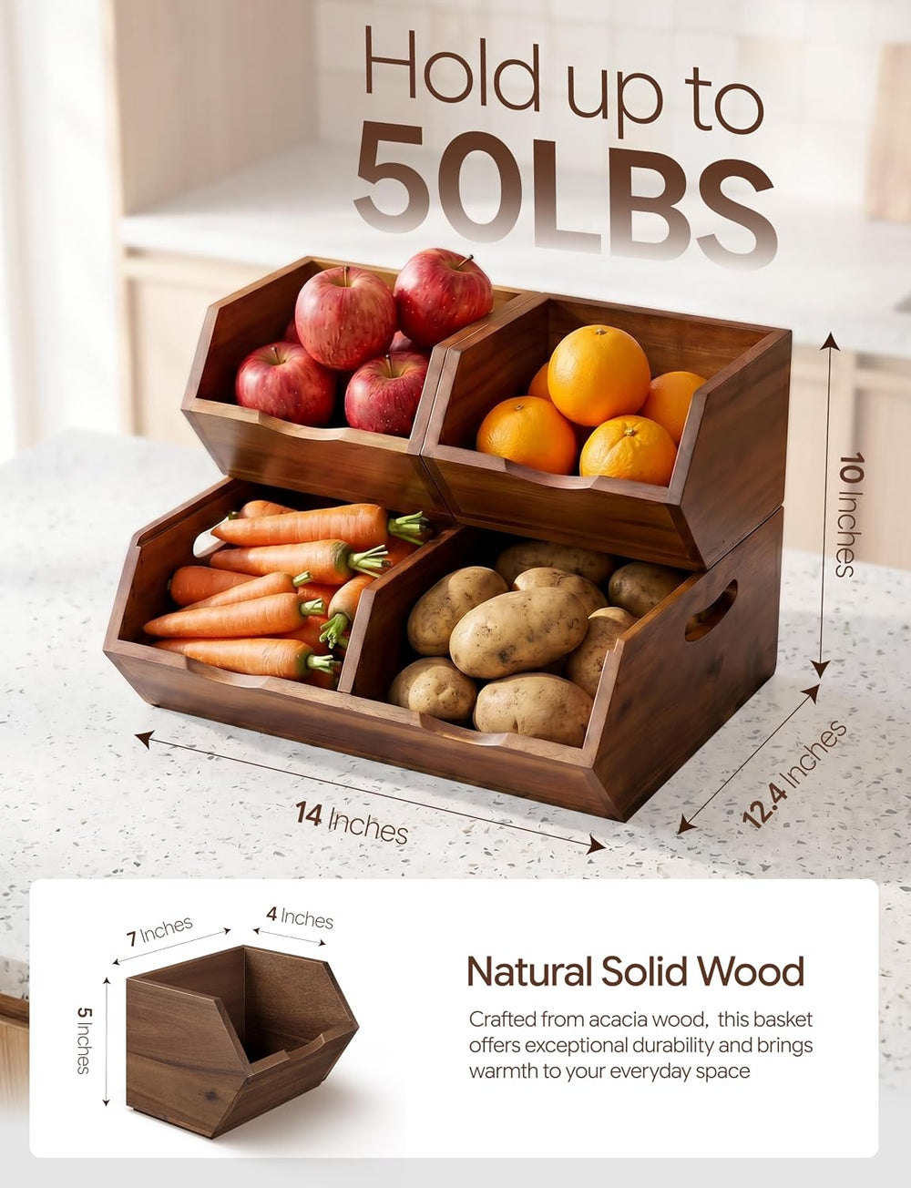 Tidita Wood Potato and Onion Storage Bin, Set of 3, Stackable, Walnut Color