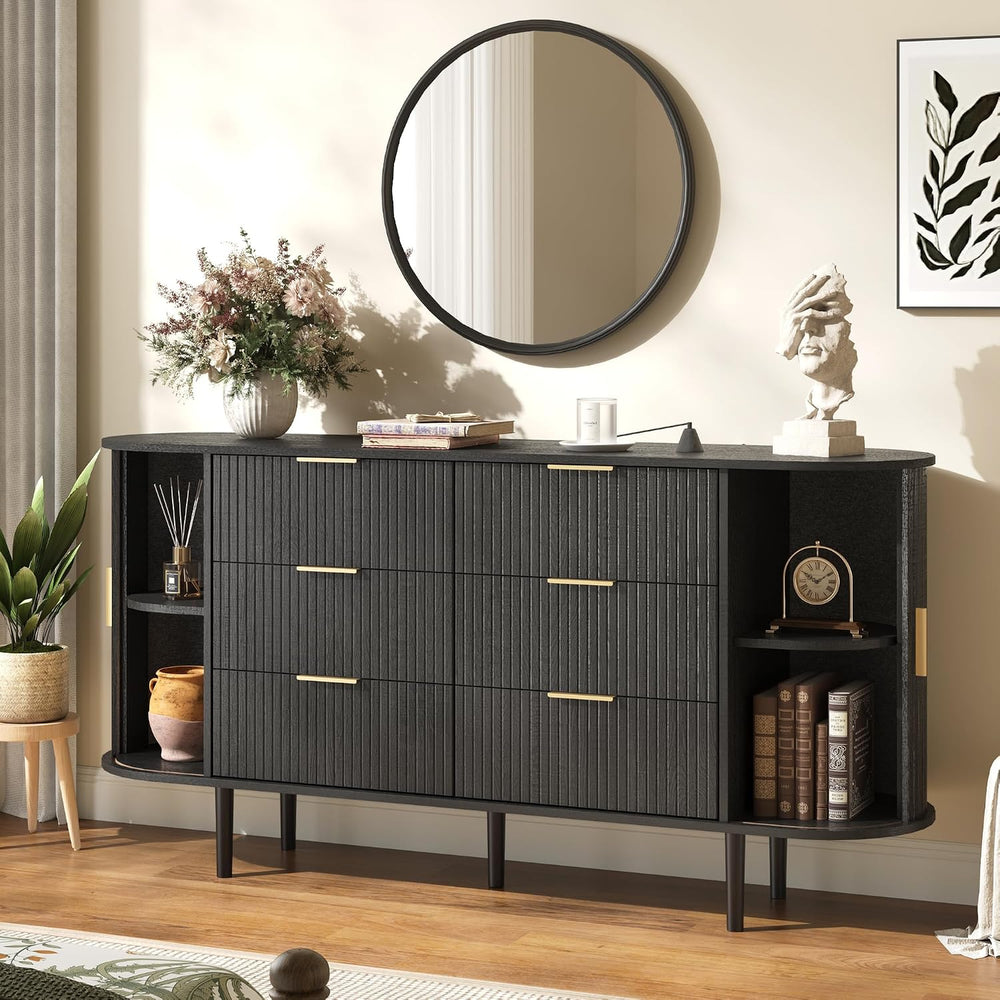 BVIUNTWO Fluted 6 Drawer Dresser, 63" Wide Modern Chest of Drawers with ...