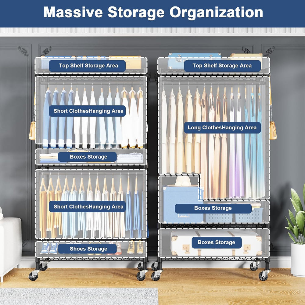 ULIFHOME P8C Heavy Duty Clothes Rack(With Extended Width Design) Rolling Clot...