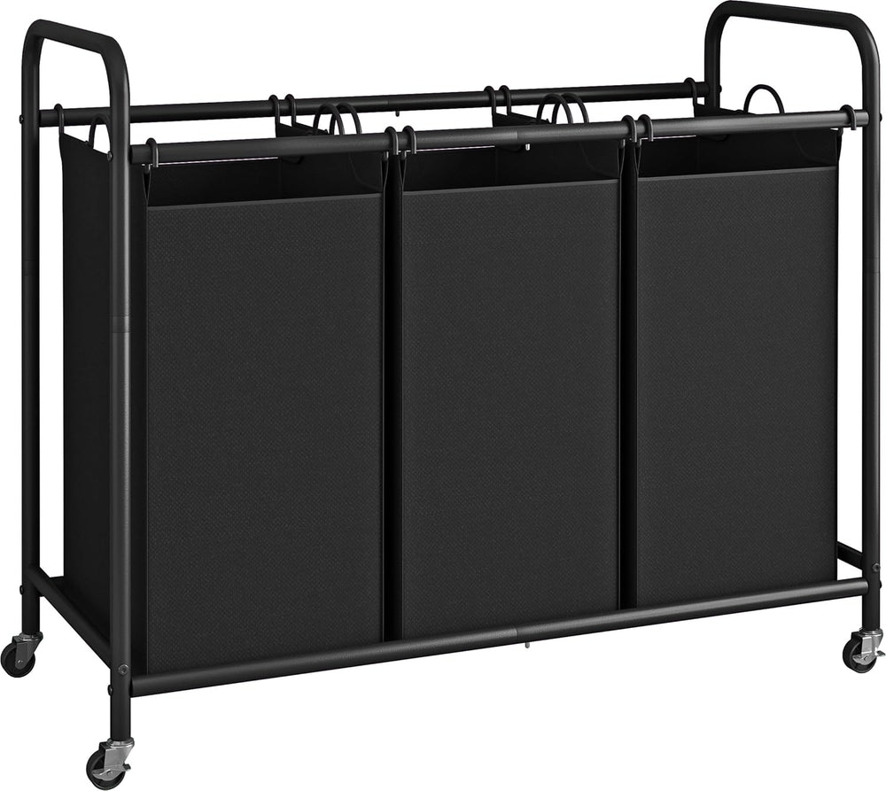 LINZINAR 3 Section Laundry Hamper Sorter, Black Laundry Basket with Wheels