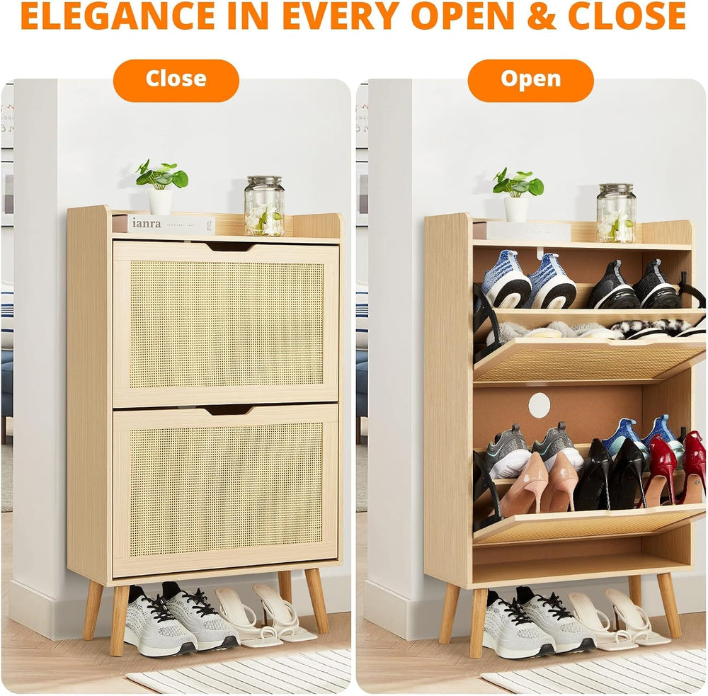 Natural Woven Rattan 2-Tier Shoe Cabinet, Narrow 9.25-Inch Depth with Flip-Dr...