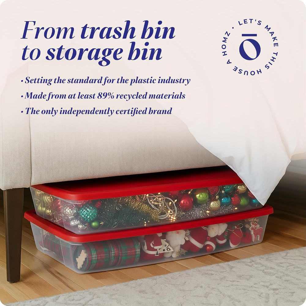 HOMZ Holiday Tote Plastic Storage Bin with Lid, 41 Qt, Clear/Red, 2 Pack