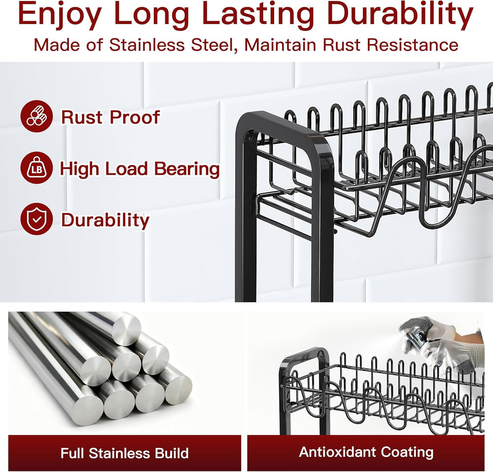 2 Tier Black Stainless Steel Dish Drying Rack for Kitchen Counter