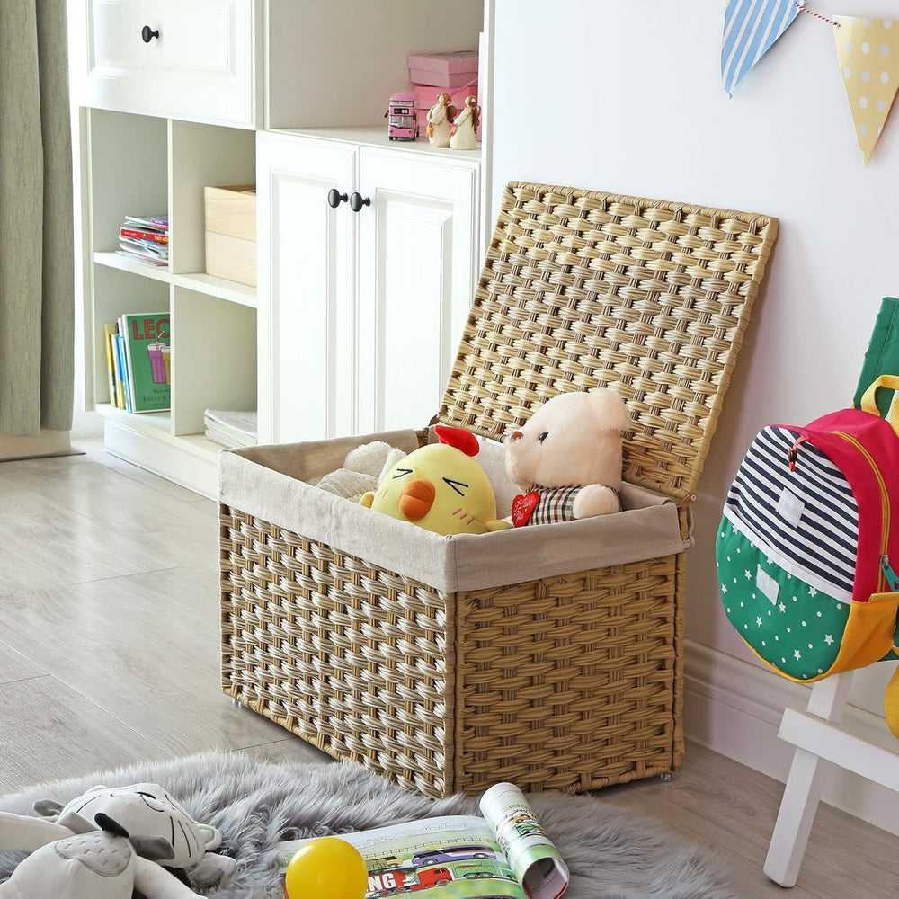 SONGMICS Woven Storage Basket with Lid, 17.2 Gallon (65L), Foldable