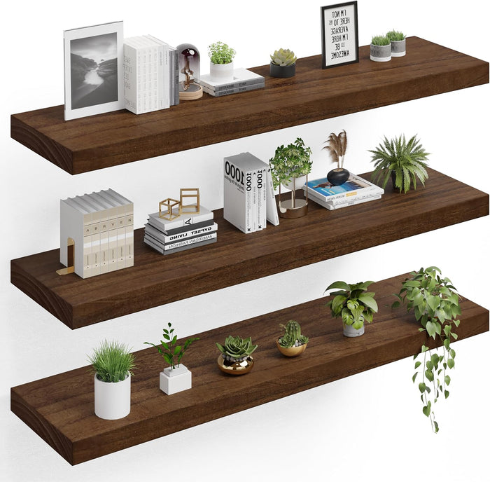 60" Extra Deep Floating Shelves, Set of 3, Walnut Wood