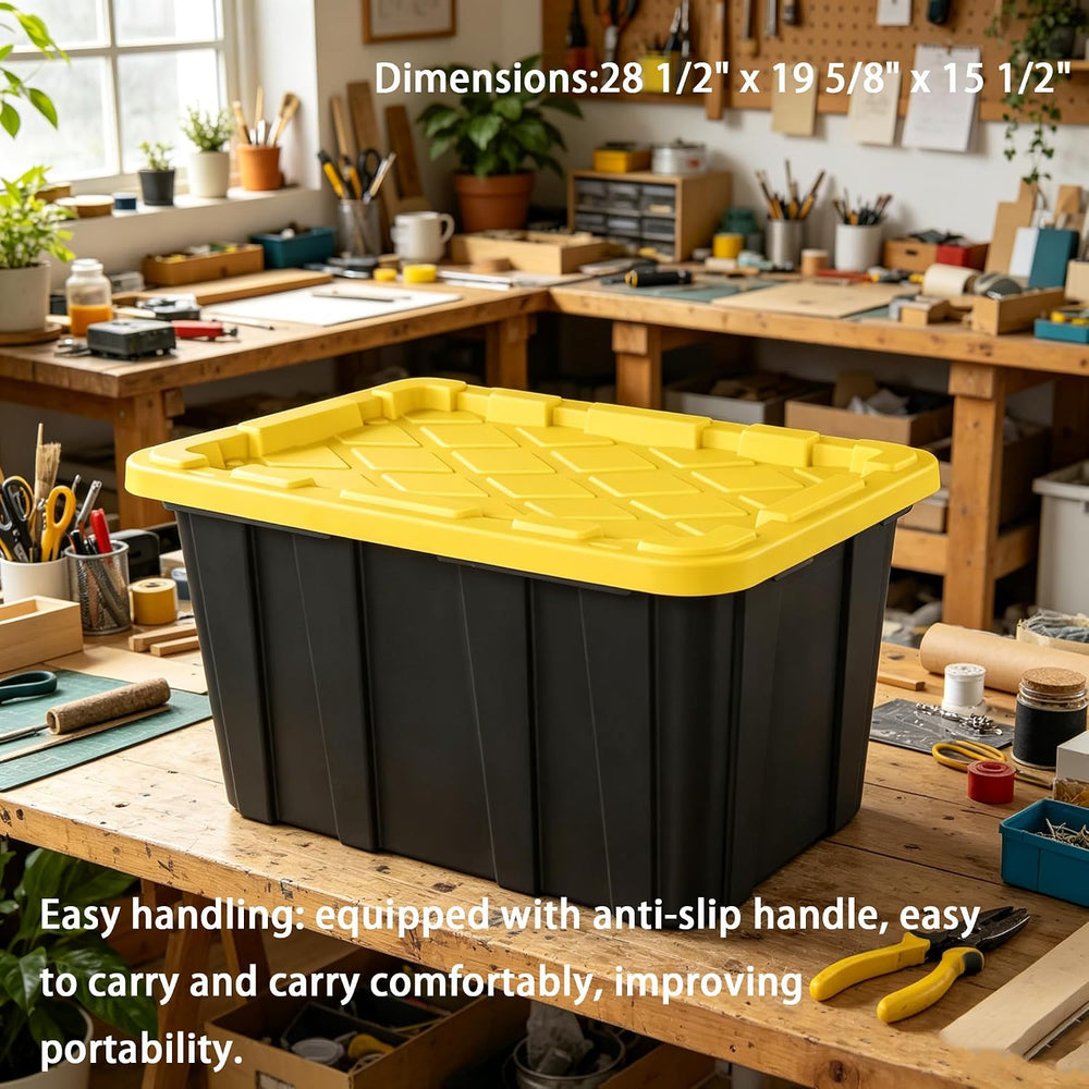 Plastic Storage Tote, Large 27 Gallon, Black and Yellow, 6 Pack