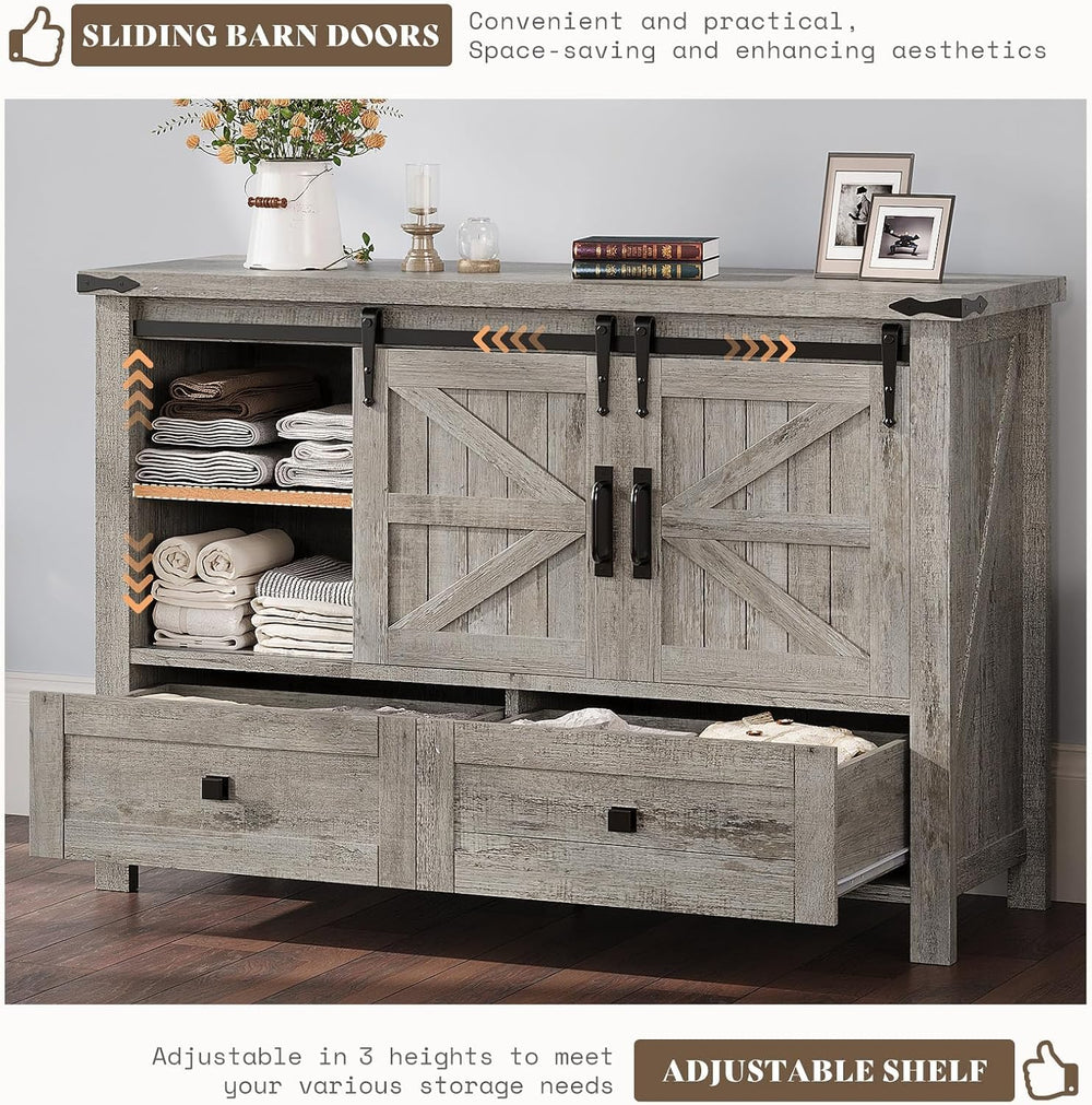 AMERLIFE 47" Farmhouse 4-Drawer Dresser with Barn Doors, Light Rustic Oak