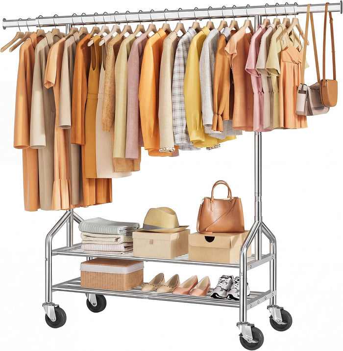 Tajsoon Clothes Rack with 2 Shelves, Heavy Duty Load 350 LBS, Chrome