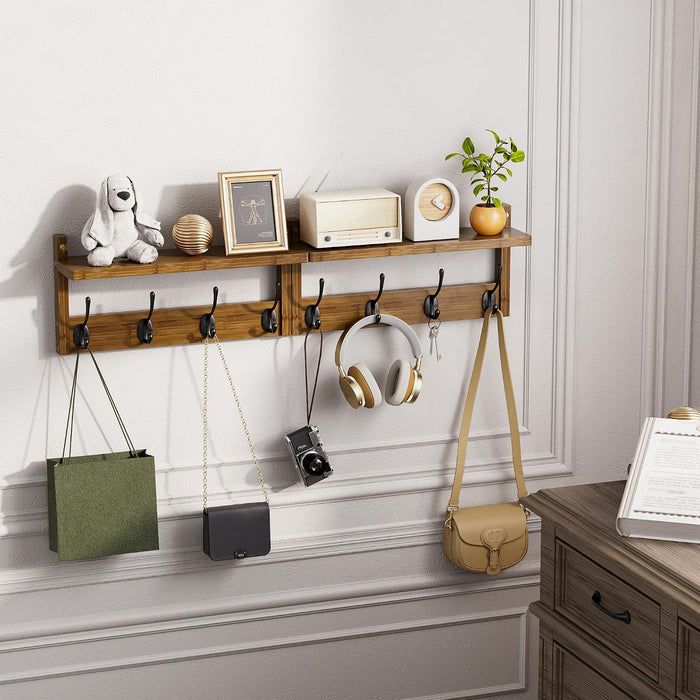STELLSTAR Coat Rack with Shelf Wall Mount, Entryway Bamboo Hanging Shelf, Set of 2, Wall Hook Rail for Hallway Décor, Storage Clothe, Hat, Robe, Key, Dog Leash (Walnut)