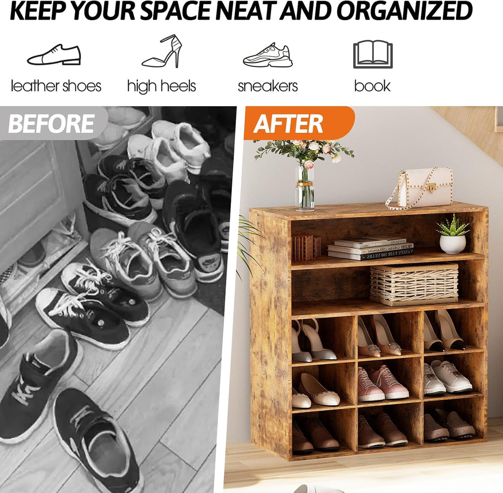 9-Cubby Shoe Rack, Wood Shoe Organizer Bench for Entryway Hallway Closet