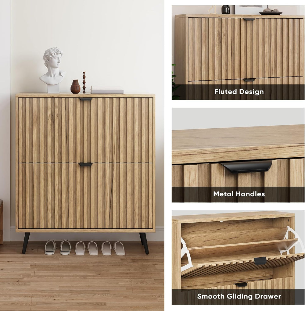 Smuxee Shoe Cabinet with 2 Flip Drawers, 31.5" Natural Hidden Shoe Stora...