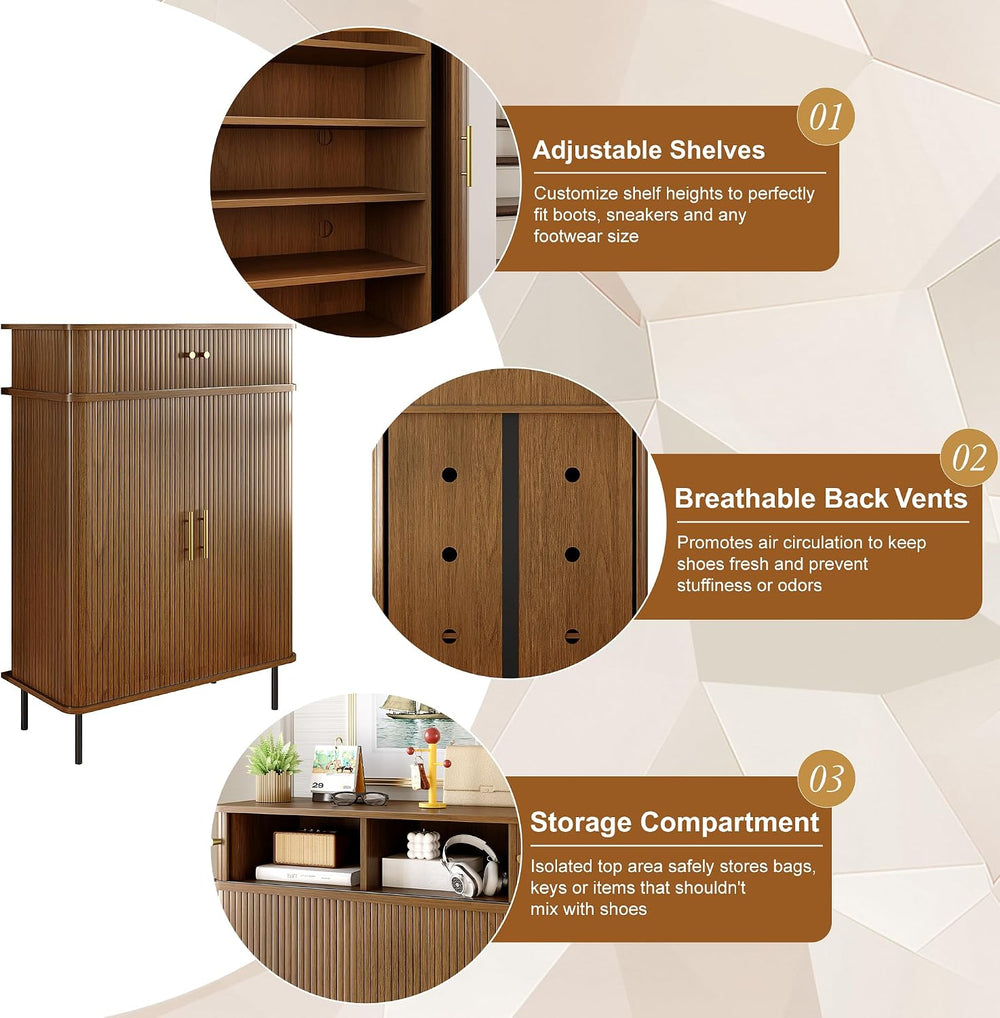 DreamDashio 5-Tier Shoe Cabinet with Tambour Sliding Door, Set of 2, Walnut