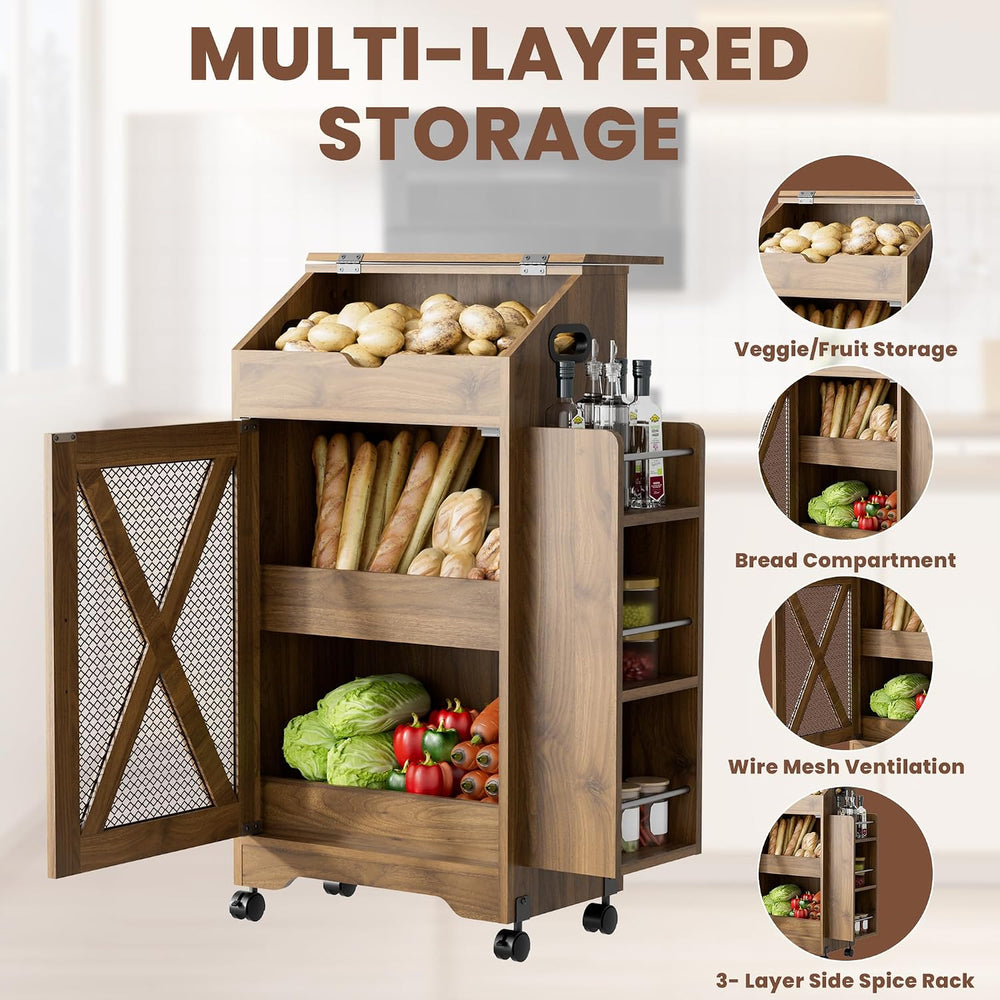Potato and Onion Storage Bin, Movable Fruit and Vegetable Bin with Spice Rack...