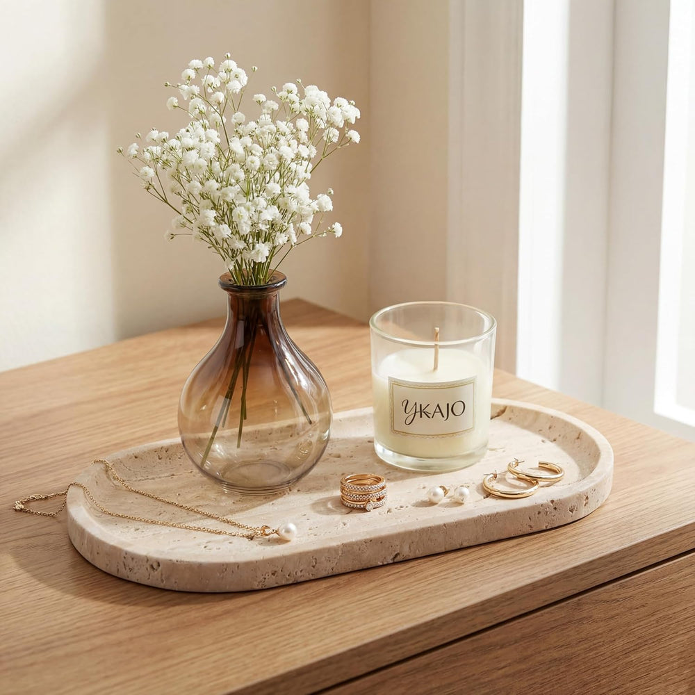YKAJO Natural Travertine Beige Oval Marble Tray, 11.8x5.9 Vanity Organizer
