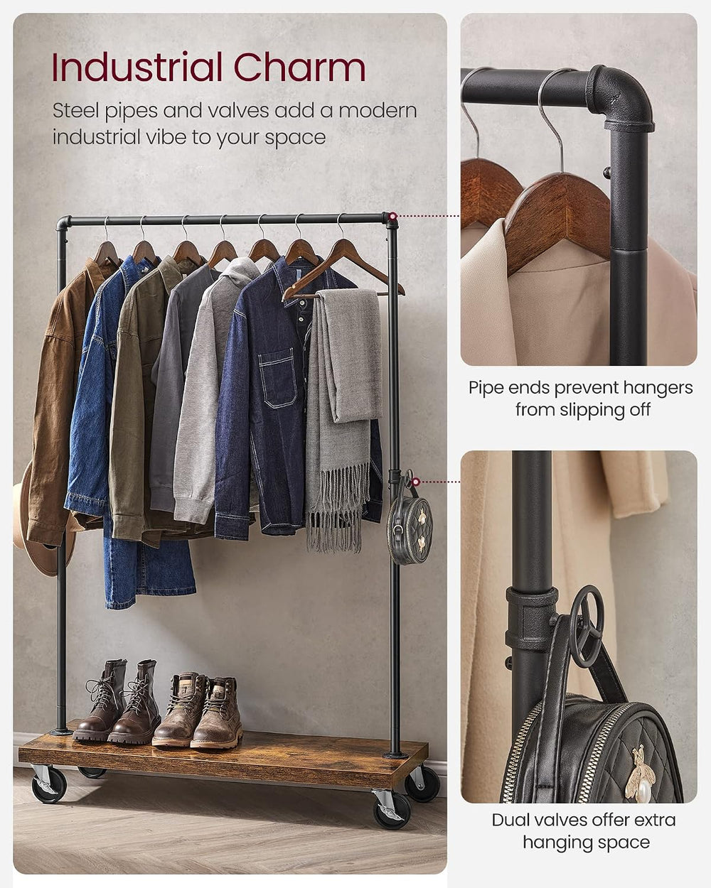 VASAGLE Clothes Rack, Heavy-Duty Rolling Garment Rack with Shelf
