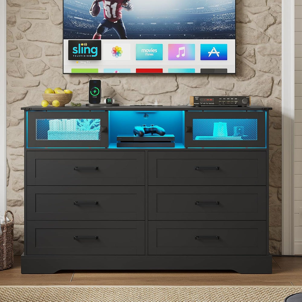 Hasuit 6 Drawer Dresser with LED Lights and Charging Station, Farmhouse Chest...