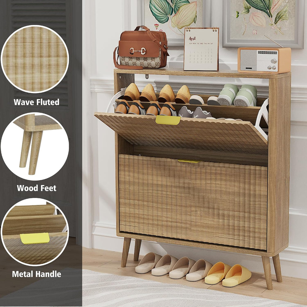 KIGOTY Narrow Shoe Storage Cabinet, Shoe Cabinet with 2 Flip Drawers, Freesta...