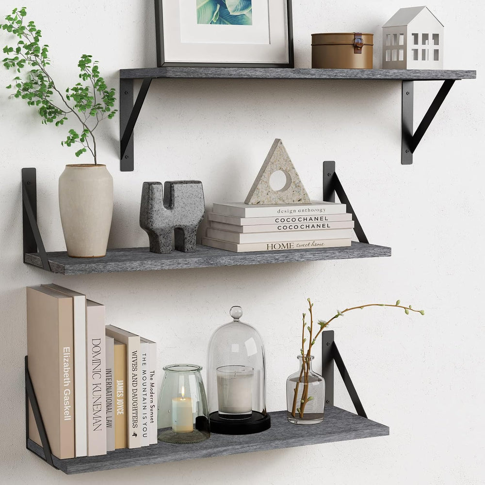 Forbena Gray Floating Shelves Wall Mounted Bookshelf Set of 3, 24 Inches Long...