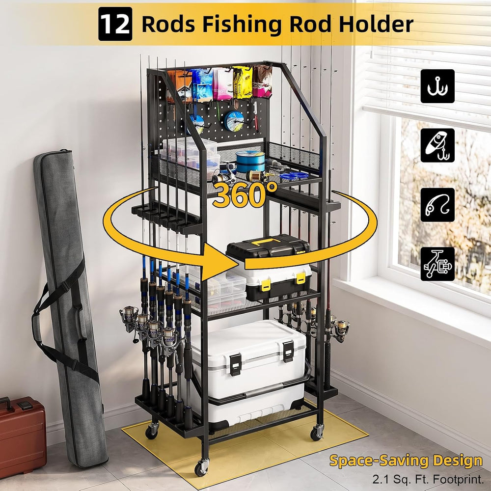Fishing Rod Holder with Wheels for Garage, 12-Rod Fishing Pole Holders