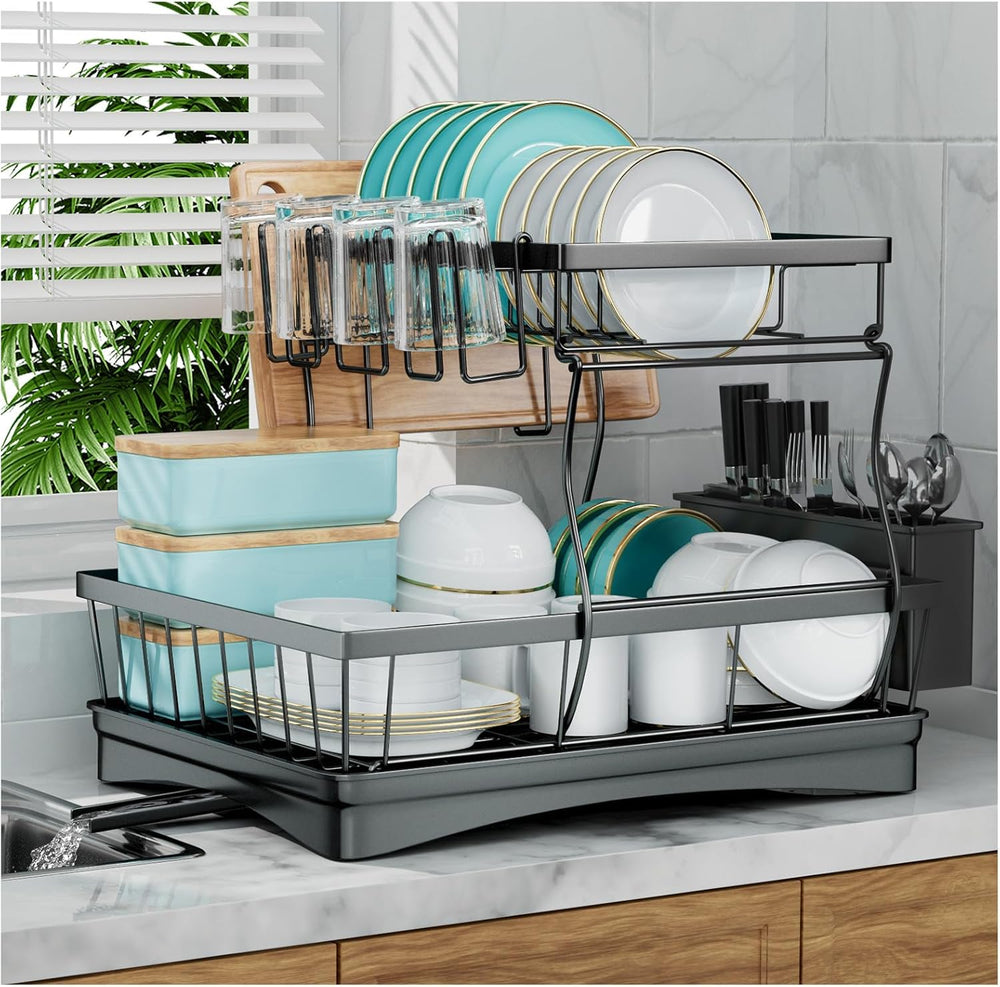 7 code 2-Tier Large Dish Drying Rack for Kitchen Counter, Black