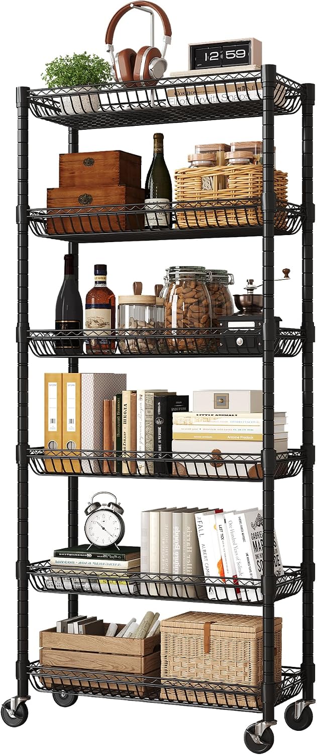 6-Tier Rolling Storage Shelves with Wire Baskets,30 x 13.5 x 65in