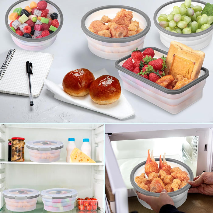 Dandat 12 Silicone Collapsible Food Storage Containers Foldable Silicone Lunch Container 6 Rectangle and 6 Round Airtight Collapsible Bowl with Lid Set for Kitchen Microwave (Translucence Gray)