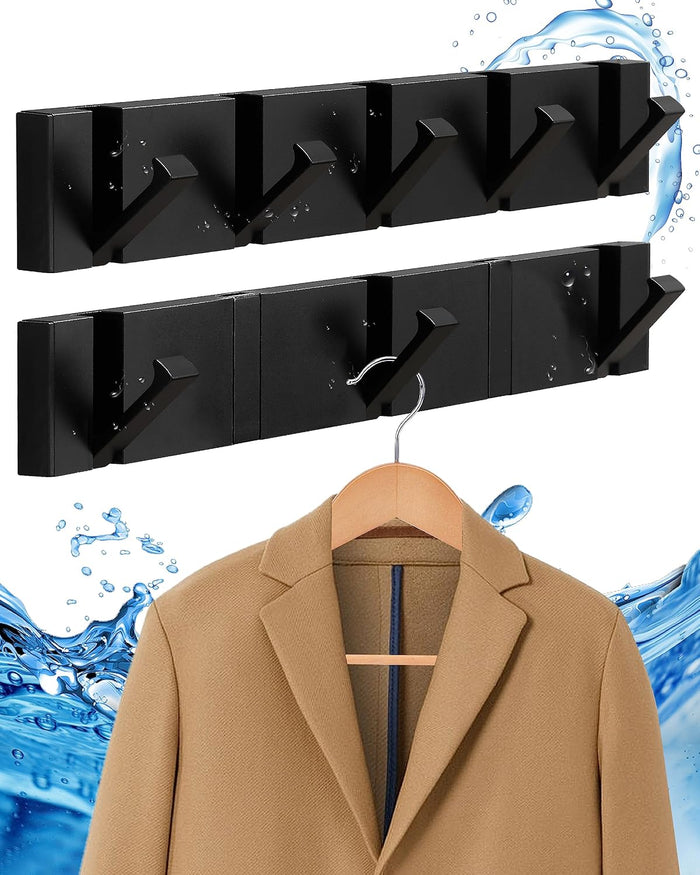 Waterproof Black Wall Hooks - 2 Pack Modern Foldable Towel Hooks for Bathrooms, Coat Hooks Wall Mounted - Stylish, Durable, and Easy to Install