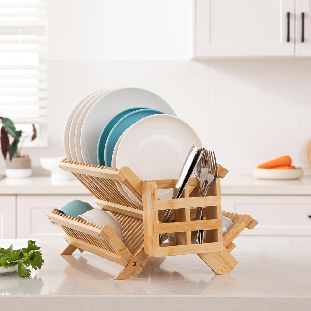 HBlife Bamboo Dish Drying Rack with Utensils Flatware Holder Set, 3-Tier Larg...