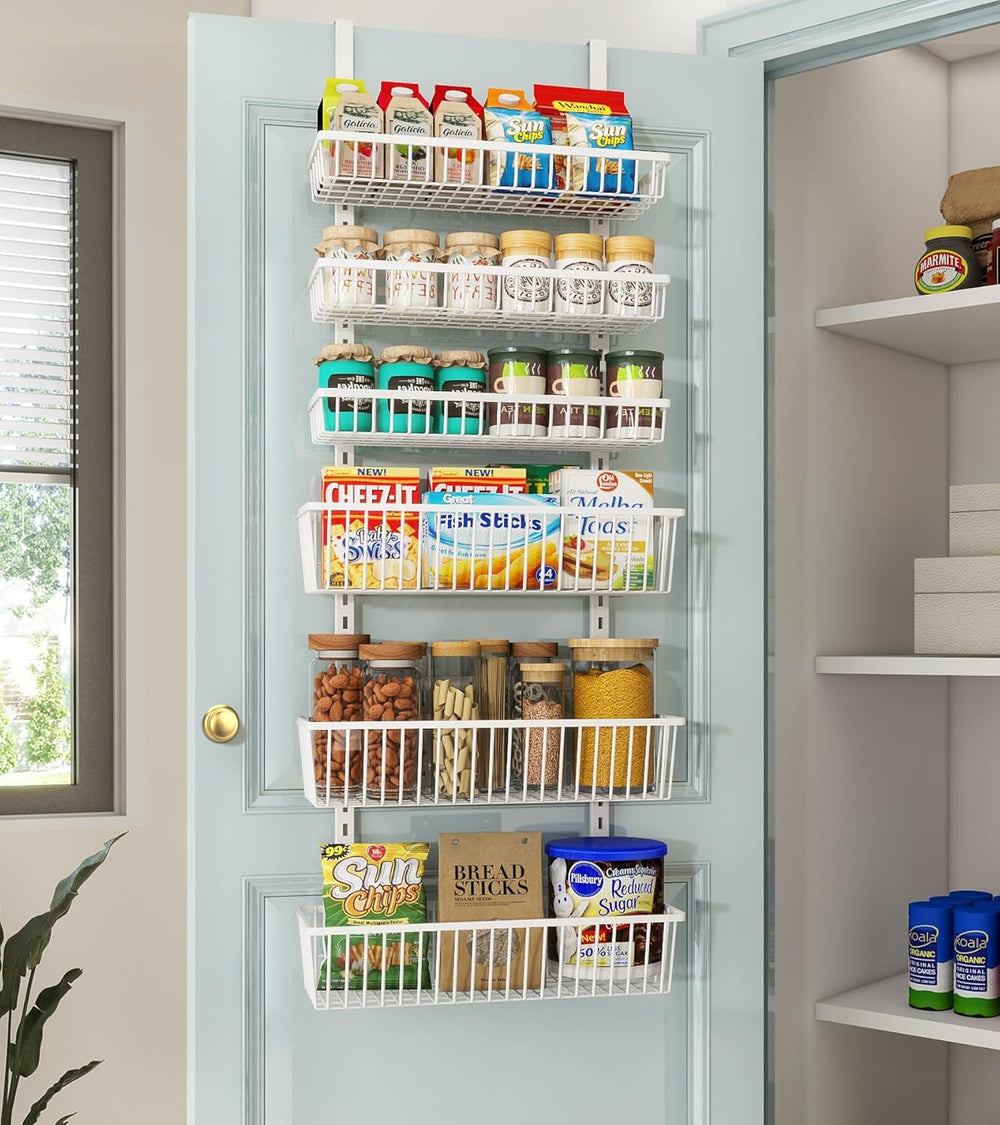 Mefirt Over The Door Pantry Organizer, 6-Tier Deep Baskets, White