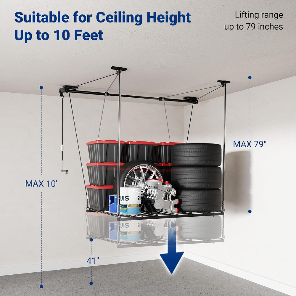 FLEXIMOUNTS Overhead Garage Storage Rack Lift, 4x4 Ft Heavy-Duty Garage Ceili...