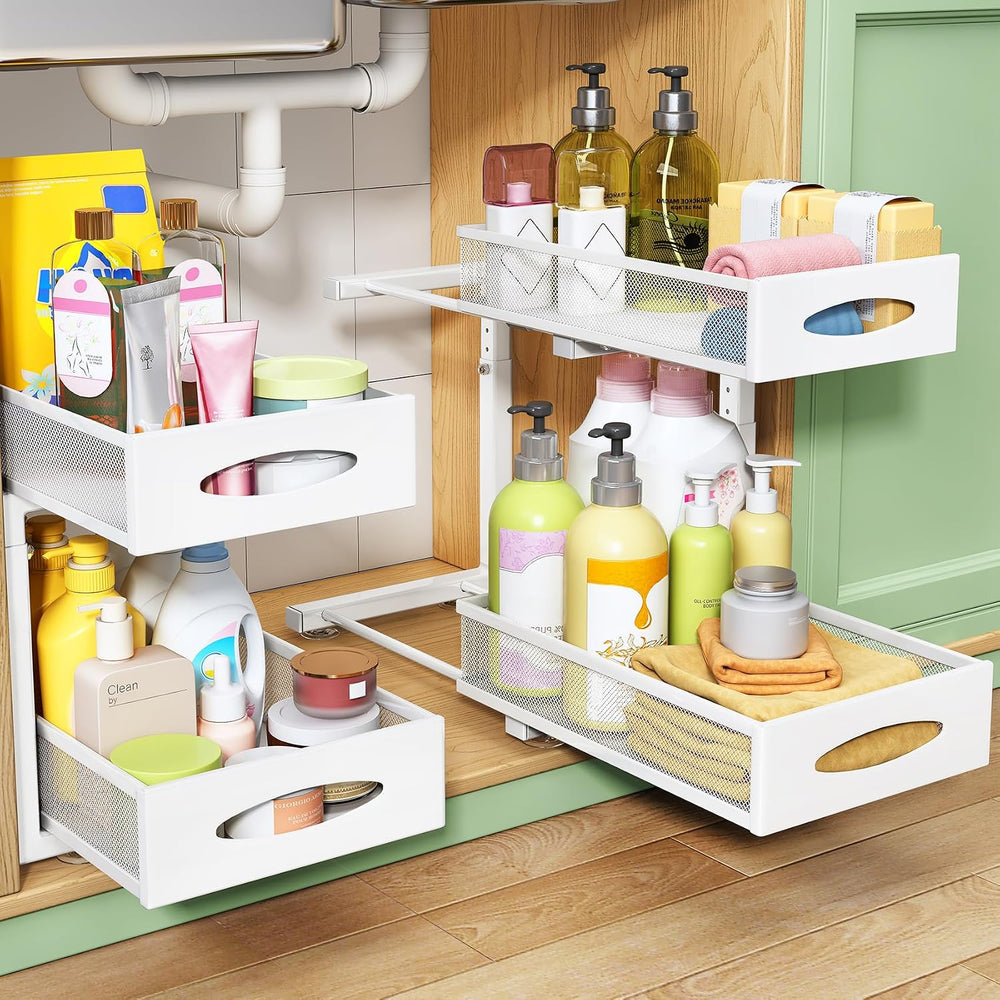 Under Sink Organizer, 2 Tier Pull out Cabinet Organizer Baskets with Mesh Sli...