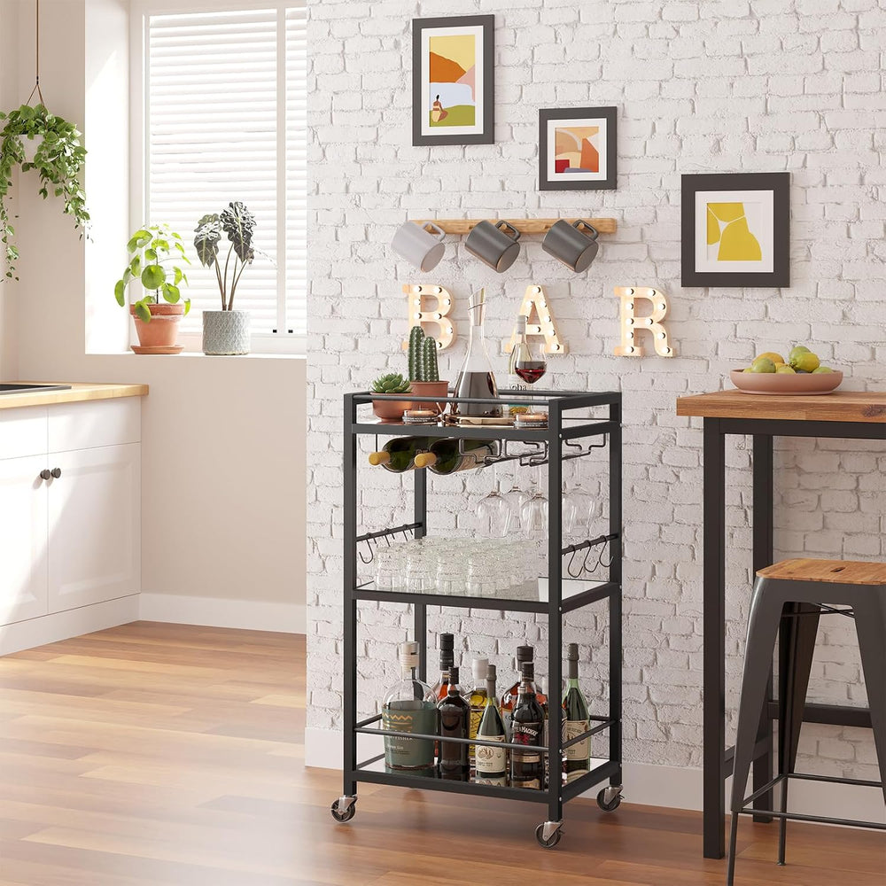 TUTOTAK Bar Cart with 3 Mirrored Shelves, Wine Rack & Glass Holder
