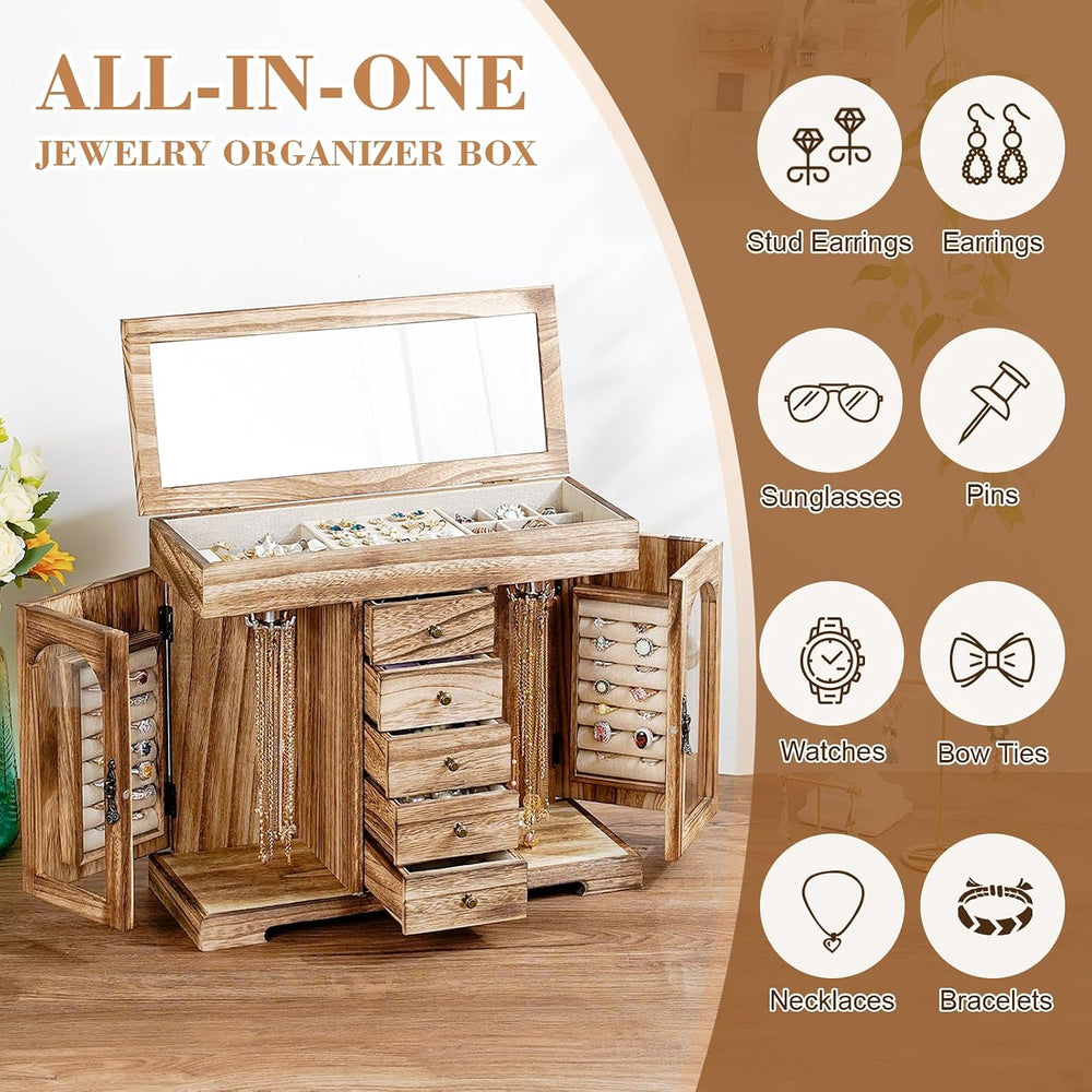 Miratino Jewelry Box for Women Girls, Rustic Wooden Jewelry Organizer Box wit...