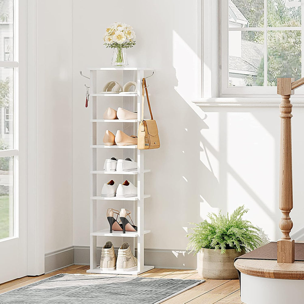 HOOBRO 8 Tiers Vertical Shoe Rack, Wooden Shoe Storage Organizer with Hooks, ...