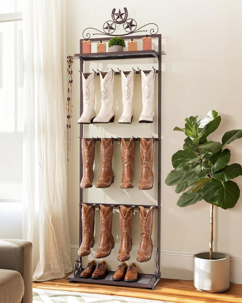 Western Boot Rack for 6 Pairs, 74" Freestanding Cowboy Boot Stand, Bronze