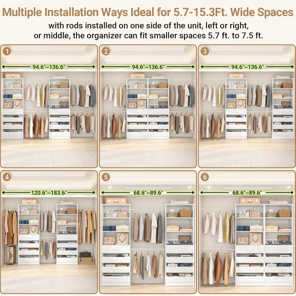 Aheaplus Closet System with 8 Drawers, 6-15Ft Custom Wood Closet Organizer