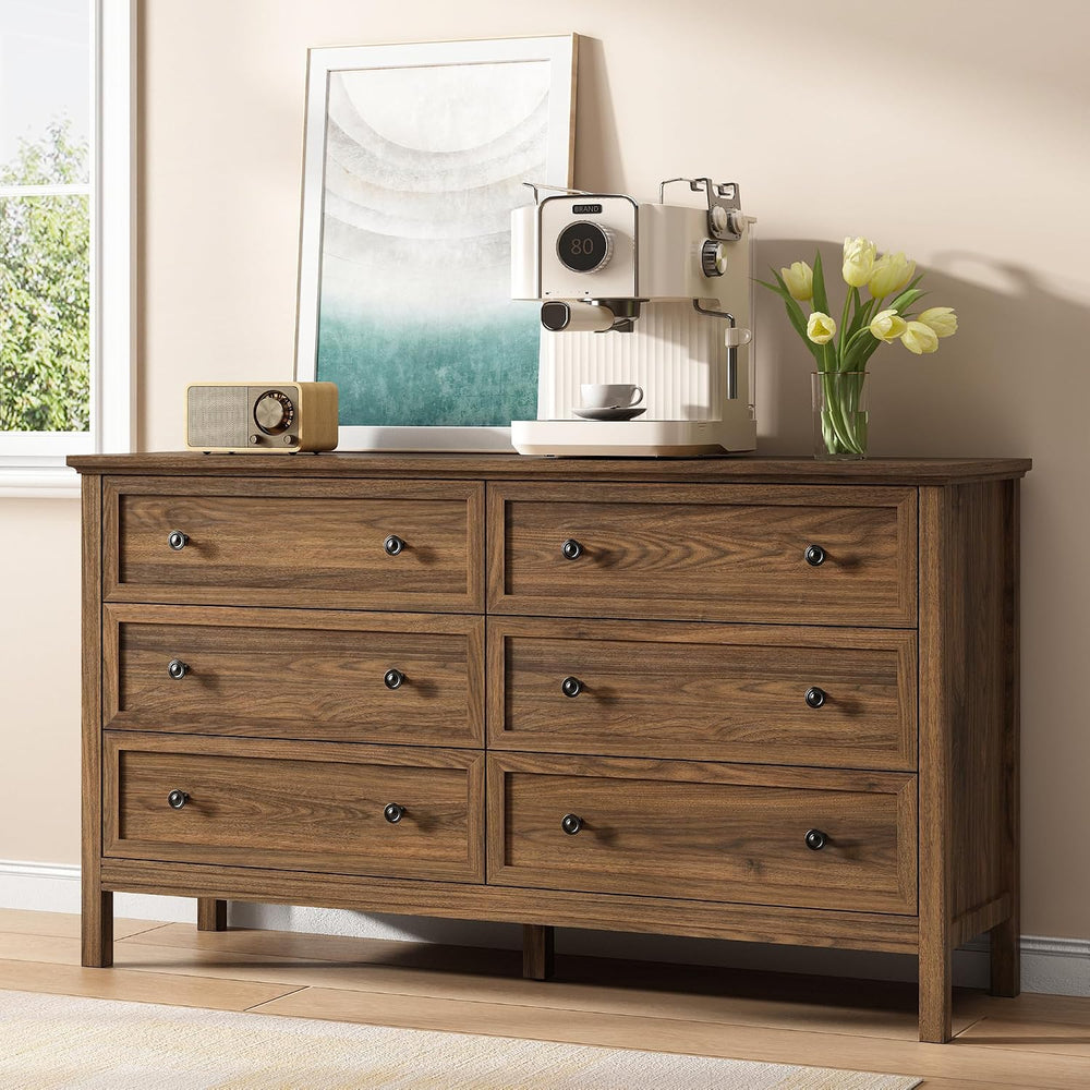 Tradare 55'' Walnut Dresser with 6 Drawers for Bedroom, Wood Dresser ...